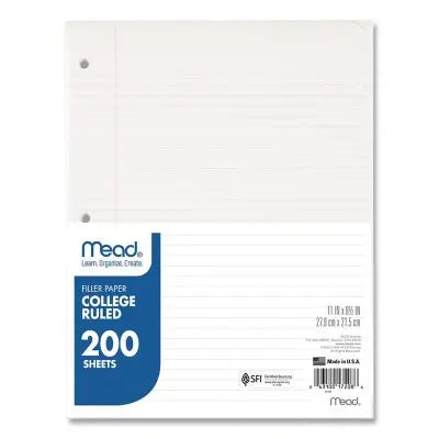 Mead Filler Paper, 3-Hole, 8.5 x 11, College Rule, 200/Pack