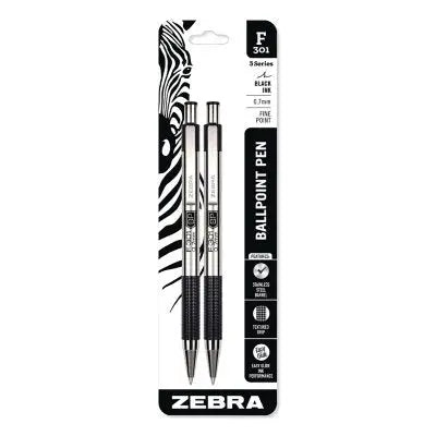 Zebra F-301 Ballpoint Pen, Retractable, Fine 0.7 mm, Black Ink, Stainless Steel/Black Barrel, 2/Pack