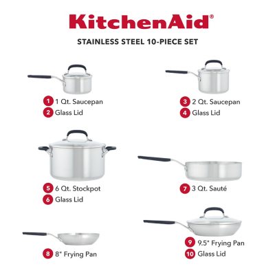 KitchenAid Stainless Steel Cookware Set, 10-Piece, Brushed Stainless Steel