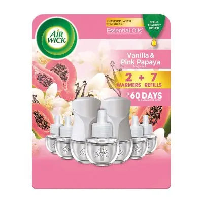Air Wick Scented Oil Air Freshener Kit, Vanilla & Pink Papaya 2 Warmers +7 Refills