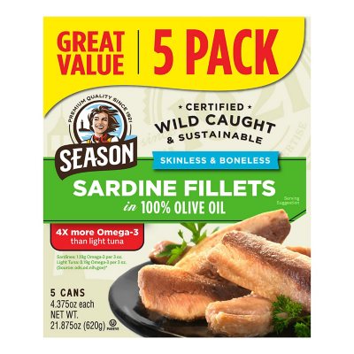 Season gräten- und hautlose Sardinen in Olivenöl, 124 g, 5er-Pack