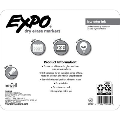 EXPO Low Odor Dry Erase Markers, Fine Tip, Assorted Colors, 12 Pack