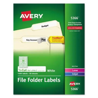 ملصقات مجلدات الملفات الدائمة من Avery TrueBlock مع تقنية Sure Feed، بيضاء، 50 ورقة/صندوق