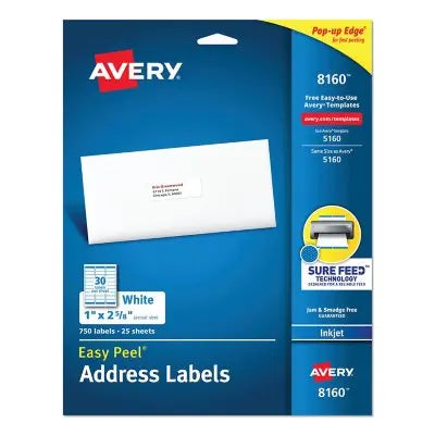 ملصقات عناوين Avery سهلة التقشير بتقنية التغذية المضمونة، طابعات نافثة للحبر، أبيض، 25 ورقة/عبوة