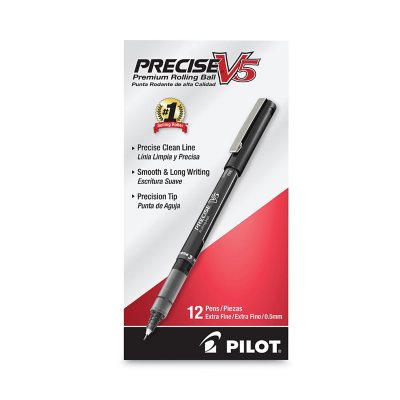 Pilot - Precise V5 Roller Ball Stick Pen, Needle Pt, Black Ink, 0.5mm Extra Fine - Dozen