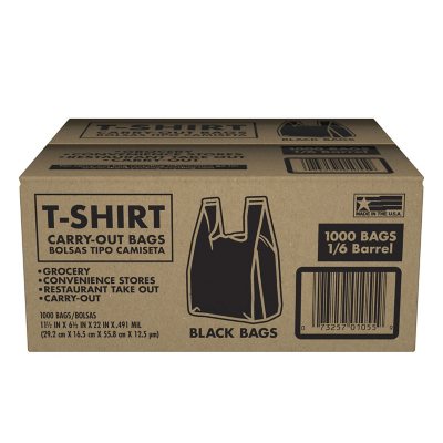 Black T-Shirt Carryout Bags, 11.5" x 6.5" x 22" 1000 ct.