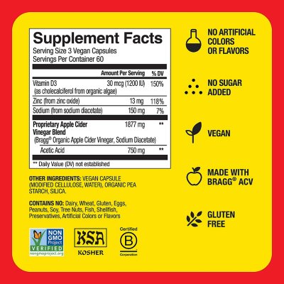 Bragg Apple Cider Vinegar 750 mg Capsules 180 ct.