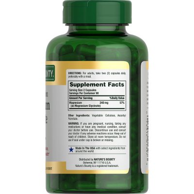 Nature's Bounty Magnesium Glycinate Capsules, 240 mg 180 ct.