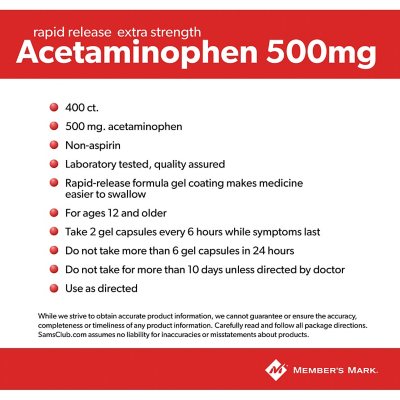 Member's Mark Extra Strength Acetaminophen, 500 mg, 400 ct.