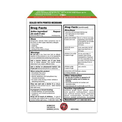 Member's Mark Children's Cetirizine Allergy Relief Oral Solution, Sugar-Free Grape Flavor