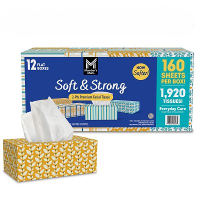 Member’s Mark 2-Ply Facial Tissues, Flat Boxes 160 tissues/box, 12 boxes