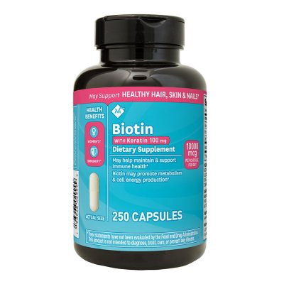 Member's Mark Biotin 10,000mcg with Keratin 100mg Capsules, 250 ct.