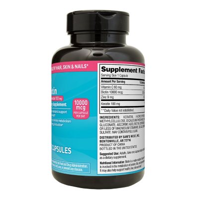 Member's Mark Biotin 10,000mcg with Keratin 100mg Capsules, 250 ct.