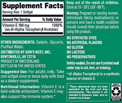 Member's Mark Vitamin E Softgels, 180 mg, 500 ct.