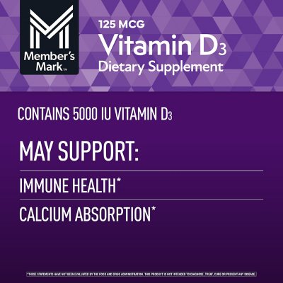 Member's Mark Vitamin D3, 125 mcg 5000 IU Softgels, 400 ct.