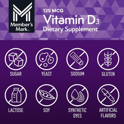 Member's Mark Vitamin D3, 125 mcg 5000 IU Softgels, 400 ct.
