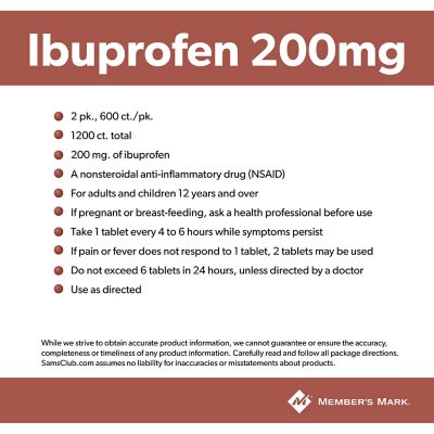Member's Mark Ibuprofen Pain Reliever and Fever Reducer Tablet, 200 mg, 600 ct./pk., 2 pk.