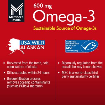 Member's Mark 600mg Omega-3 from Fish Oil with 50 mcg Vitamin D3 Softgels, 200 ct.