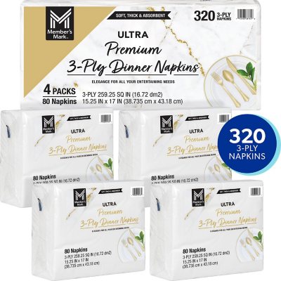 Member's Mark Premium White 3-Ply Dinner Napkins, 15" x 17" 80/pk., 4 pk