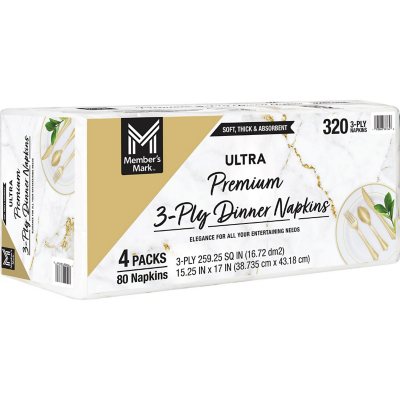 Member's Mark Premium White 3-Ply Dinner Napkins, 15" x 17" 80/pk., 4 pk
