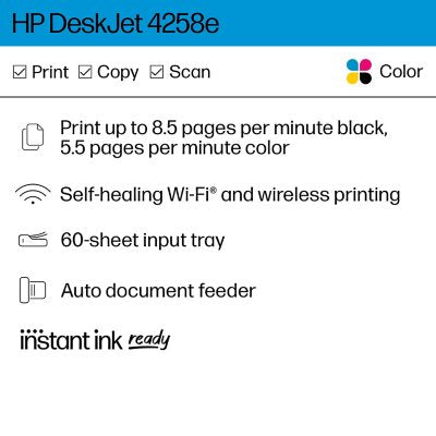 HP DeskJet 4258e Wireless All-in-One Inkjet Printer, 60K45A