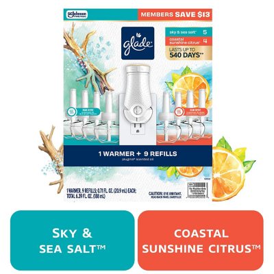 Glade PlugIns Scented Oil, Sky & Sea Salt with Coastal Sunshine Citrus, 1 Warmer + 9 Refills