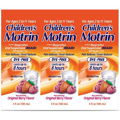 Children's Motrin Pain Reliever/Fever Reducer NSAID, 100 mg Ibuprofen, Original Berry 4 oz., 3 pk.