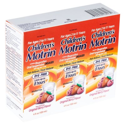 Children's Motrin Pain Reliever/Fever Reducer NSAID, 100 mg Ibuprofen, Original Berry 4 oz., 3 pk.