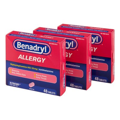 Benadryl Ultratabs Allergy Tablets, 25 mg diphenhydramine HCI 48 ct., 3 pk.