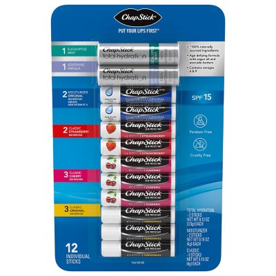 ChapStick Variety Pack Original, Cherry, Strawberry, Moisturizer & Total Hydration 12 ct.