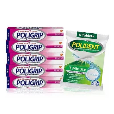 Poligrip Denture Adhesive Cream 2.4 oz., 5 ct. + Polident Cleanser 6 Tablets