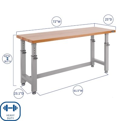 Seville Classics UltraHD Height Adjustable Workbench, 72" W x 25" D x 28.5Ã¢ÂÂ-42Ã¢ÂÂ H