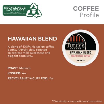 Tully's Coffee Medium Roast K-Cup Pods, Hawaiian Blend, 80 ct.