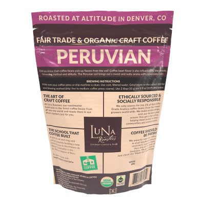 Luna Roasters Organic Peruvian Whole Bean Coffee, Medium Roast, 30 oz.