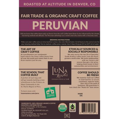 Luna Roasters Organic Peruvian Whole Bean Coffee, Medium Roast, 30 oz.