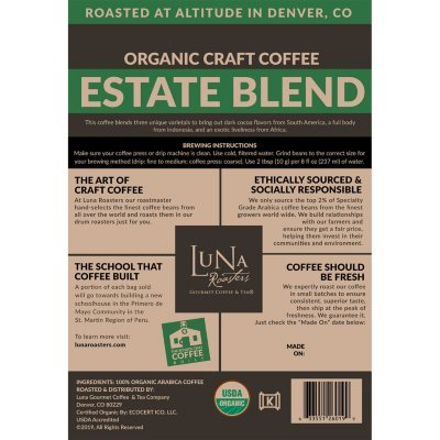 Luna Roasters Organic Estate Blend Craft Whole Bean Coffee, Dark Roast 30 oz.