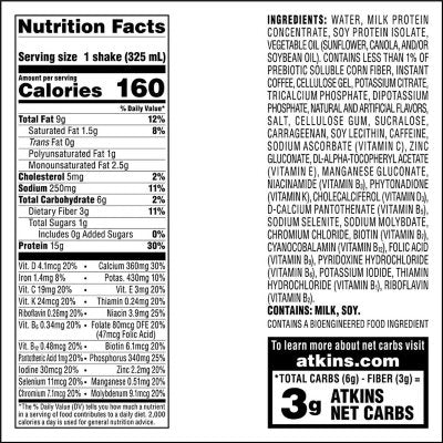 Atkins 15g Iced Coffee Protein Shake, Café Au Lait 11 fl. oz., 15 pk.