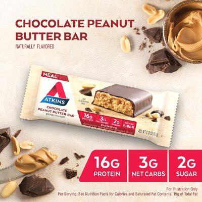 Atkins Chocolate Peanut Butter Meal Bars, High Fiber, 16g of Protein 15 ct.