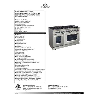 Forno Galiano 6.49 Cu. Ft. Slide-In Gas Range - Pro Style 8 Burner & Double Gas Oven