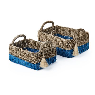 Large Rectangular Seagrass and Raffia Bins with Single Tassel, Set of 2