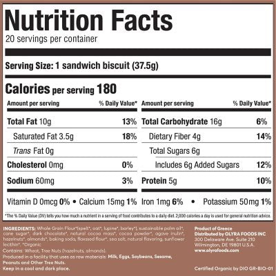 OLYRA Organic Breakfast Biscuits, Dark Chocolate Crème, 20 ct.