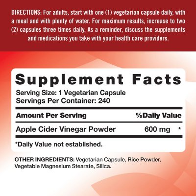 Nature's Truth Apple Cider Vinegar 600 mg Extra Strength Capsules, 240 ct.
