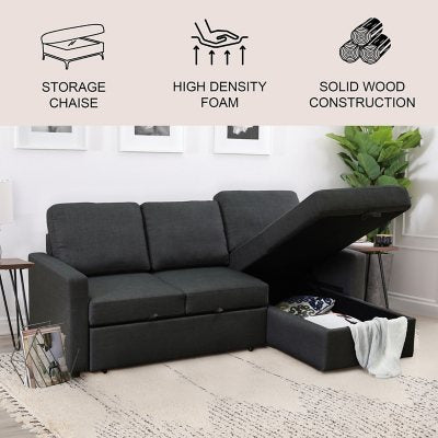 Lincoln Fabric Reversible Storage Sectional with Pullout Bed, Assorted Colors