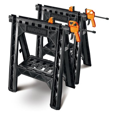 Worx Clamping Sawhorse Pair with Bar Clamps, Built-in Shelf, Cord Hooks