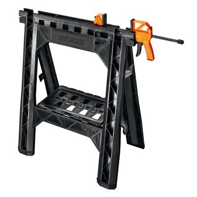 Worx Clamping Sawhorse Pair with Bar Clamps, Built-in Shelf, Cord Hooks