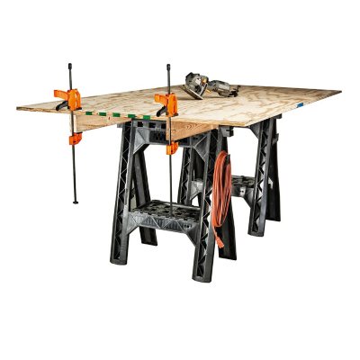 Worx Clamping Sawhorse Pair with Bar Clamps, Built-in Shelf, Cord Hooks