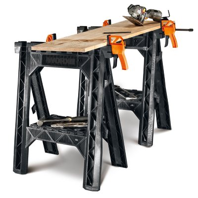 Worx Clamping Sawhorse Pair with Bar Clamps, Built-in Shelf, Cord Hooks