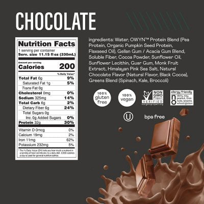 OWYN Pro Elite 32g Keto Plant Protein Shake, Chocolate 11.15 fl. oz., 15 pk.