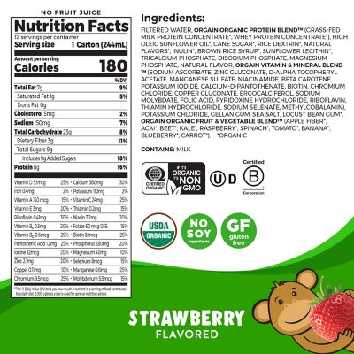 Orgain Kids 8g Grass-Fed Protein Organic Nutritional Shake, Strawberry 8.25 fl. oz., 12 pk.