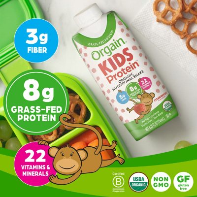 Orgain Kids 8g Grass-Fed Protein Organic Nutritional Shake, Strawberry 8.25 fl. oz., 12 pk.